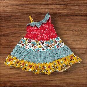 Jelly The Pug Red and Yellow Bicycle Ruffle Dress Size 6X